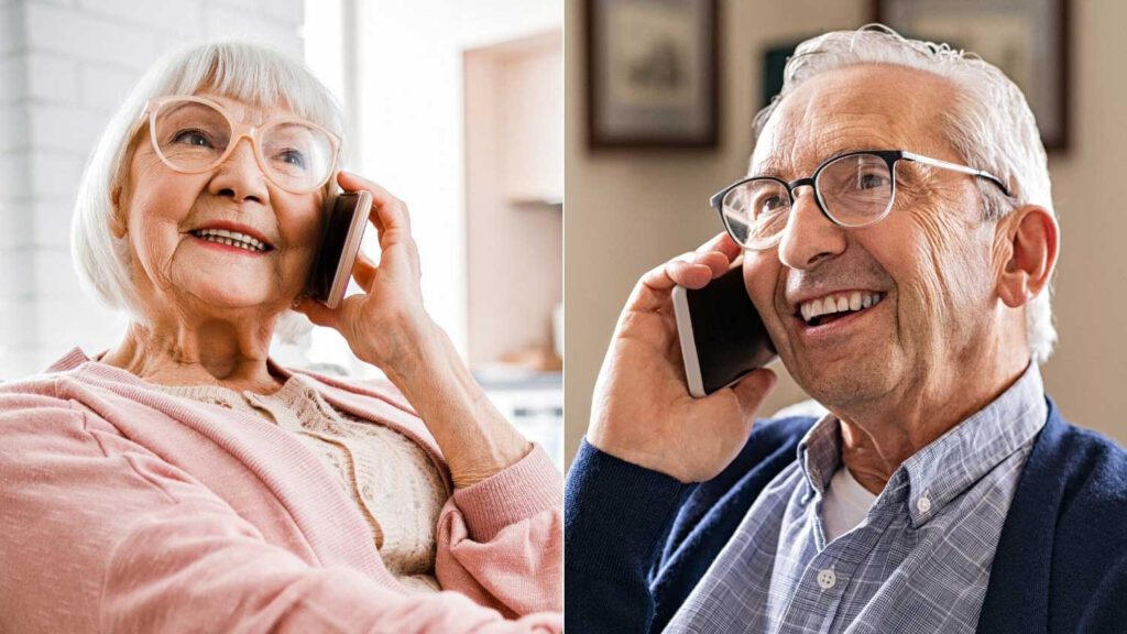 Senior woman and man talking on cellphones